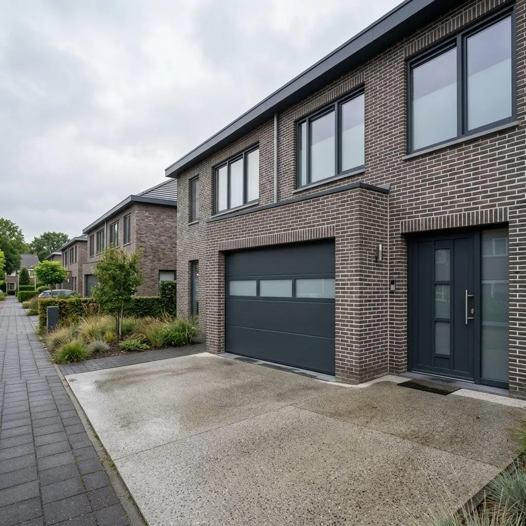 Antraciet sectionaaldeur met vlakke panelen en een rij matglazen vensters in een bakstenen gevel