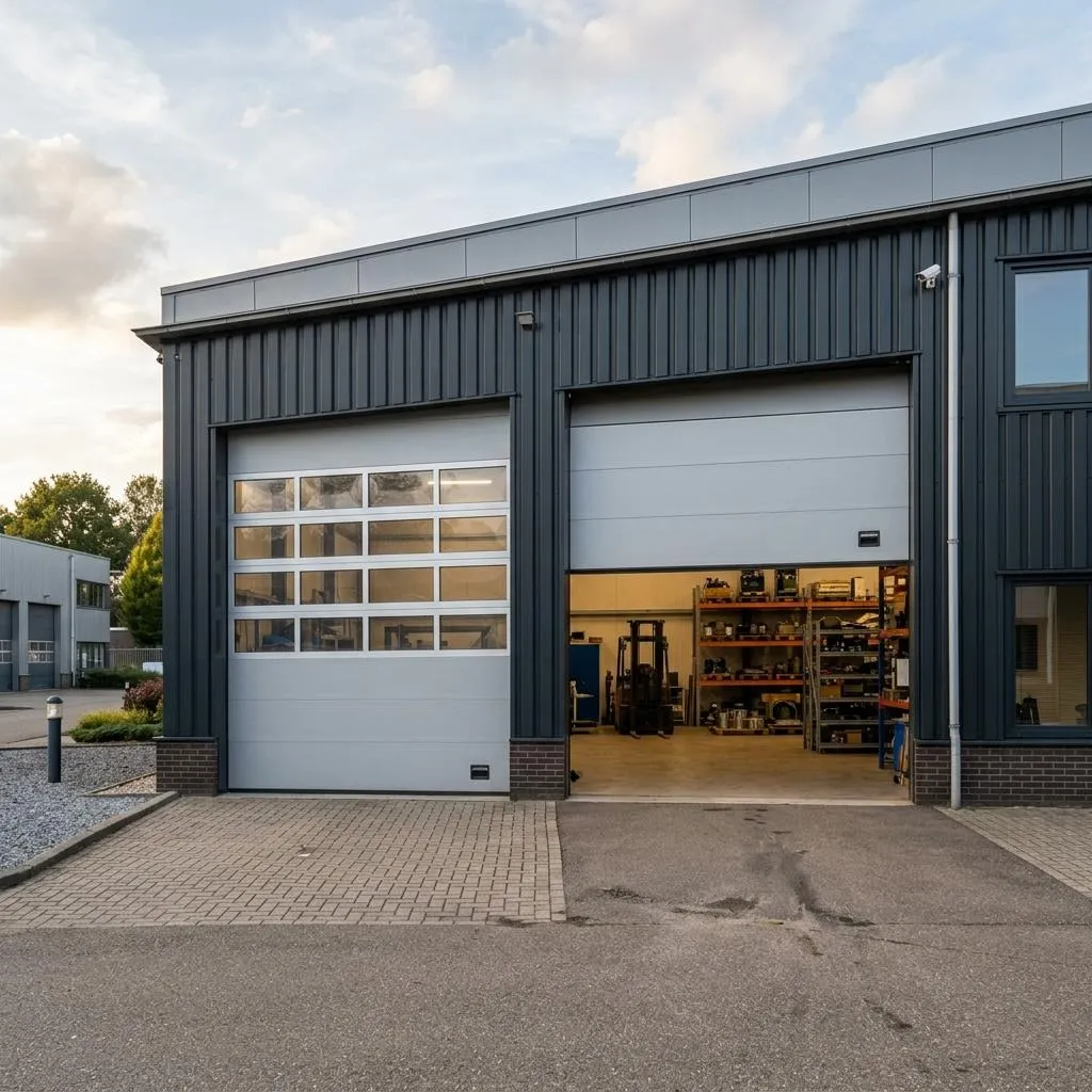 Bedrijfshal met twee lichtgrijze overheaddeuren met vensters, waarvan een half geopend