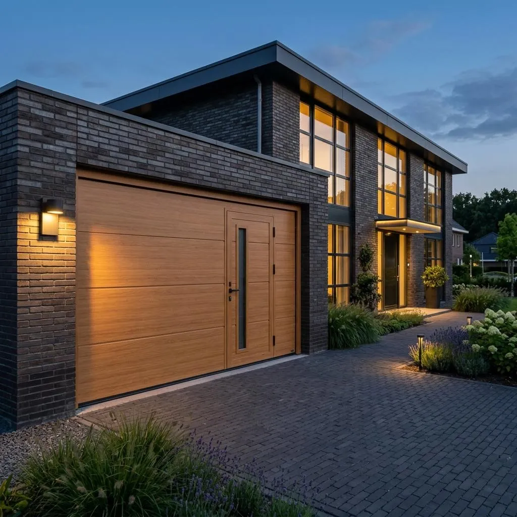 Garagedeur in houtlook met geintegreerde loopdeur bij een donkere bakstenen woning in de avond